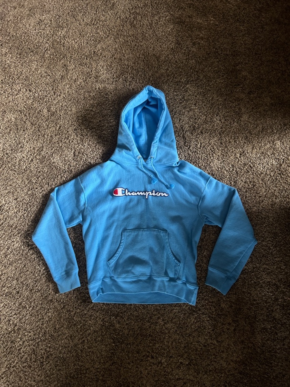 Champion Light Blue Hooded Sweatshirt with Script Logo